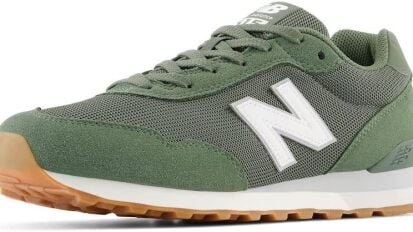 olive green new balance sneakers on white background