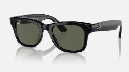 ray-ban stories smart glasses in black frames, close-up on cameras