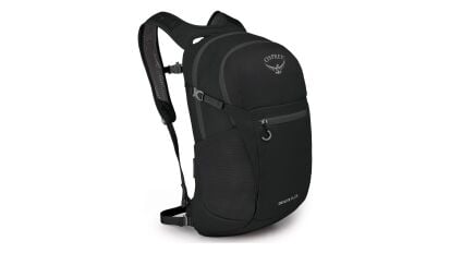 black osprey backpack on white background