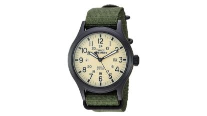 olive green timex expedition watch on white background