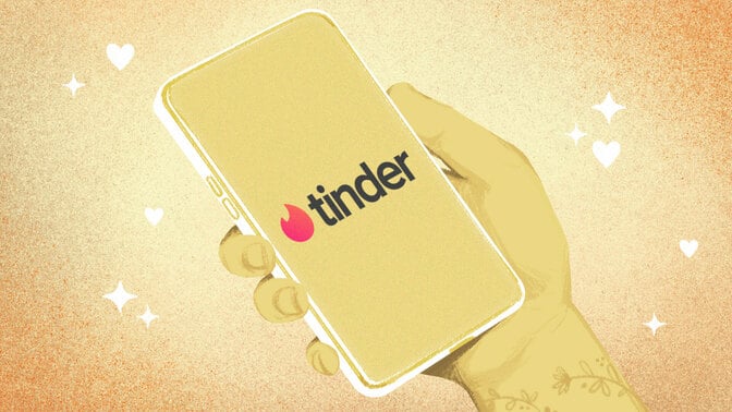 A drawn hand holding a phone with the Tinder logo